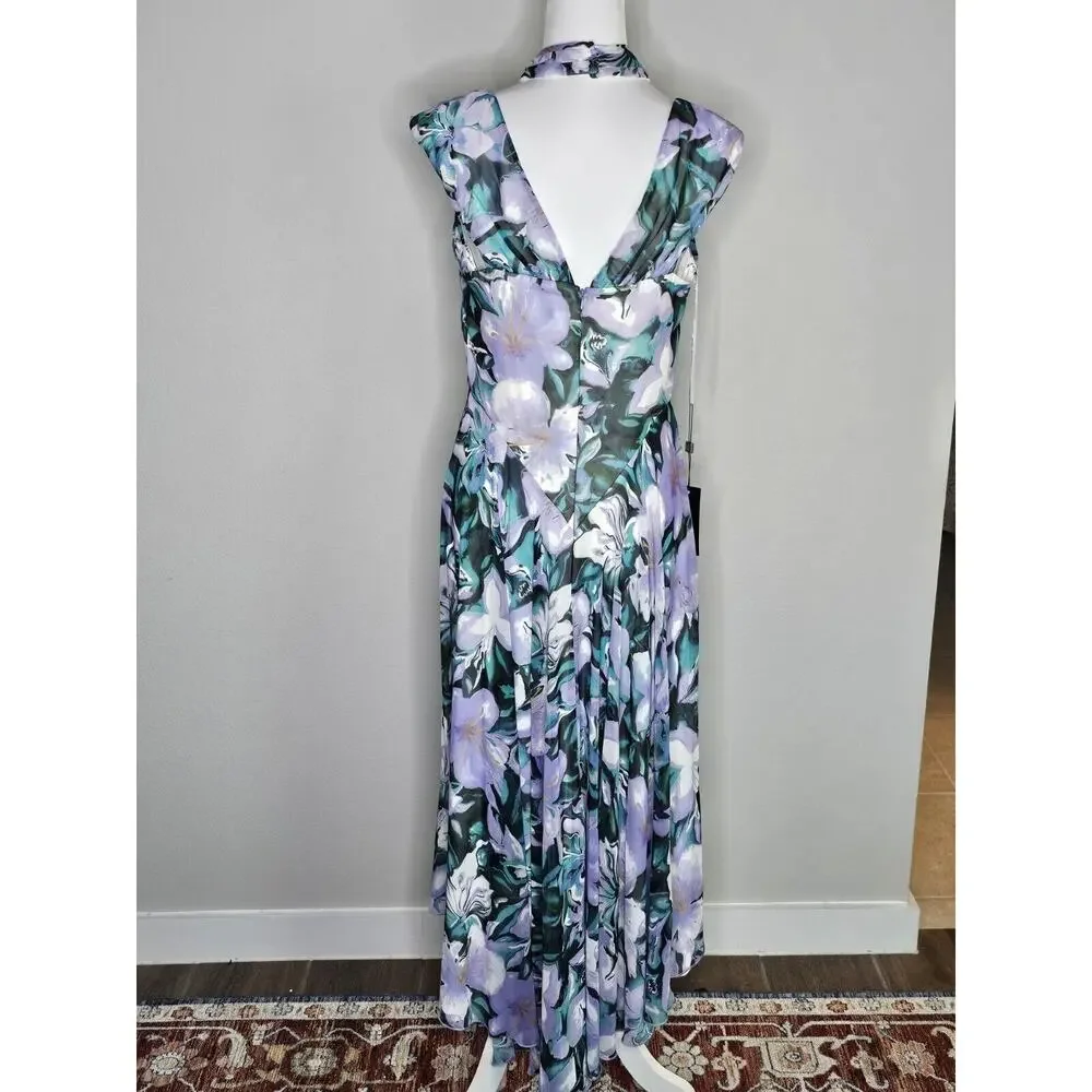 NWT Tadashi Shoji ARLENE CUTOUT HALTER FLORAL MIDI DRESS BUI22121MD Iris Size 12 - Picture 15 of 16